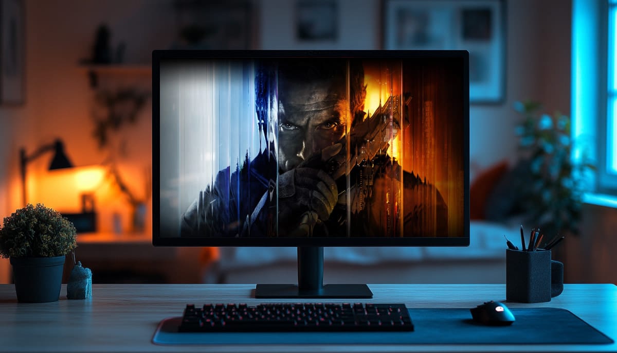 A computer monitor on a desk displays cover of Call of Duty game with a man holding a gun