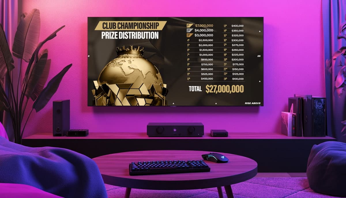 A modern living room with a neon pink glow. A large TV displays a "Club Championship Prize Distribution" table, totaling $27,000,000