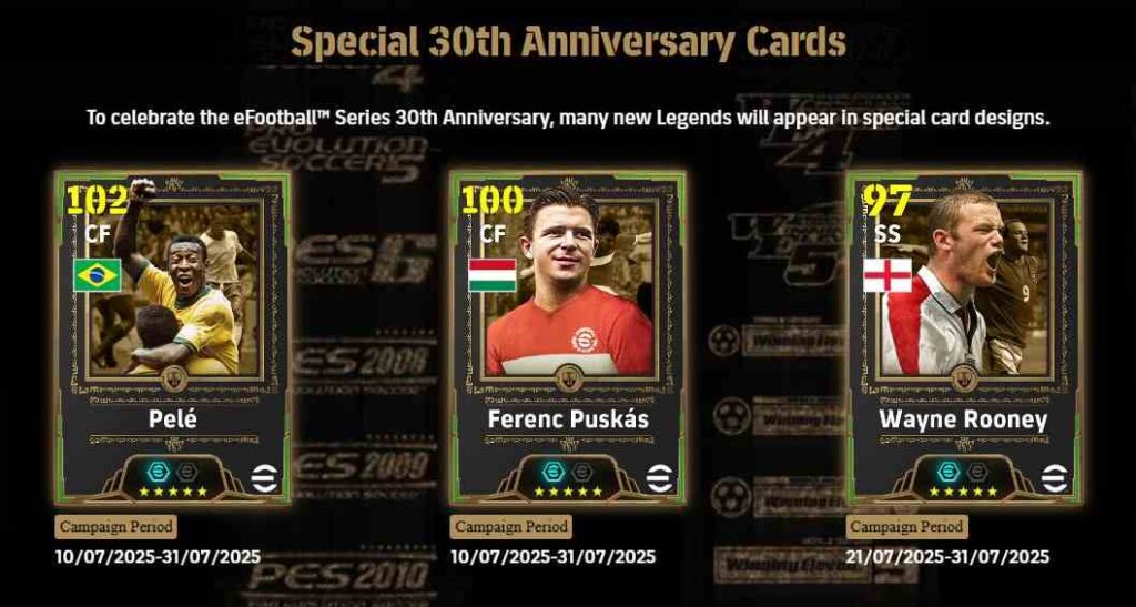 Three special 30th Anniversary Football cards featuring Pelé, Ferenc Puskás, and Wayne Rooney with their ratings and campaign periods.