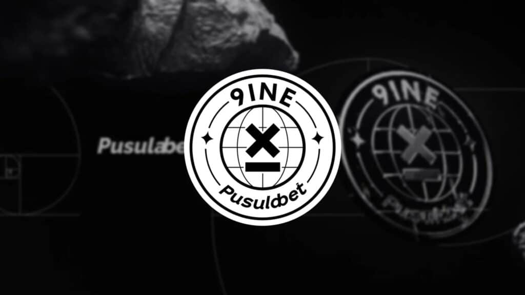 Image of 9INE Pusulabet logo on a black background. The background shows a blurred version of the logo alongside a range of shapes