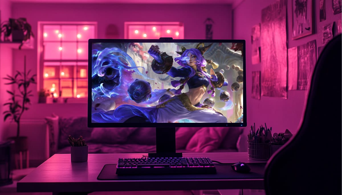 A gaming setup featuring a monitor displaying Yunara from League of Legends with a pink-lit room, plants, and a desk filled with stationery