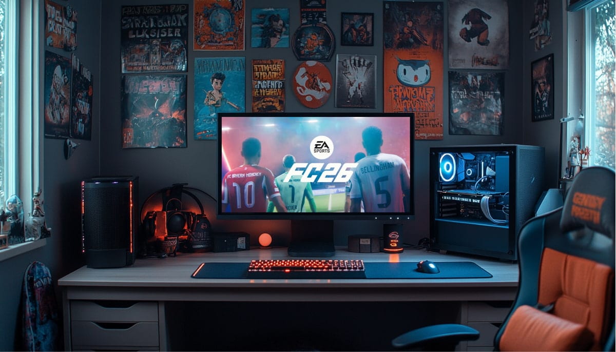 Cozy gaming setup featuring a monitor displaying "EA Sports FC 26" flanked by colorful posters