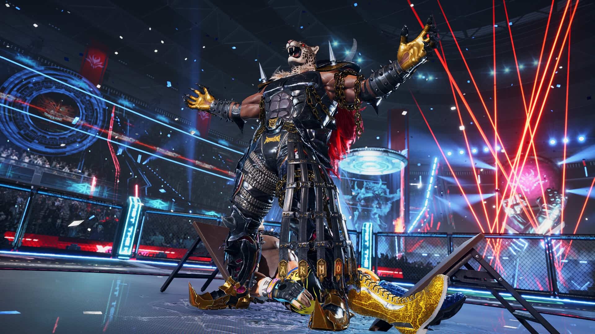 Armor King triumphantly poses in a high-tech arena