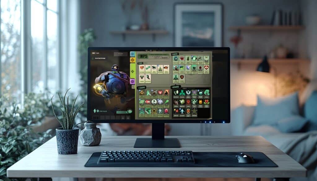A monitor displays a Deadlock game interface with a robotic character and a grid of items, set in a cozy, well-lit room.