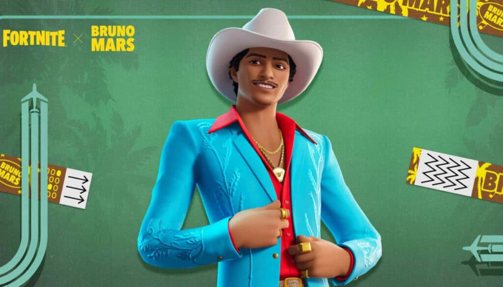 Animated Bruno Mars in a blue suit and white cowboy hat smiles confidently against a green backdrop with "Fortnite x Bruno Mars" text. Retro vibes.