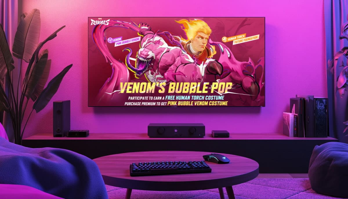 A cozy gaming room with a purple-lit ambiance features a TV displaying “Venom's Bubble Pop” event advertisement. A keyboard and game controller sit on a round table