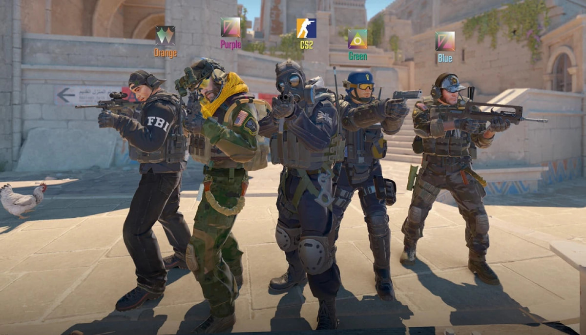 CT agents in CS2 stand ready in a sunlit, ancient stone courtyard. They convey focus and teamwork