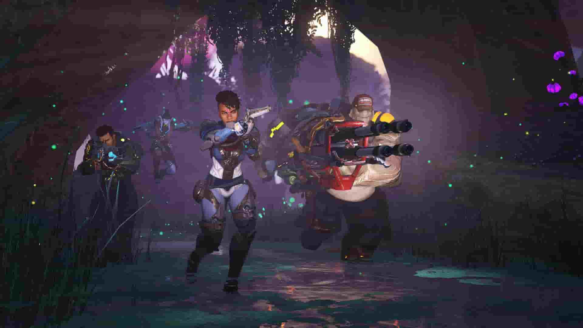 Three futuristic characters of Crucible in armor charge forward in a mystical, purple-lit cave
