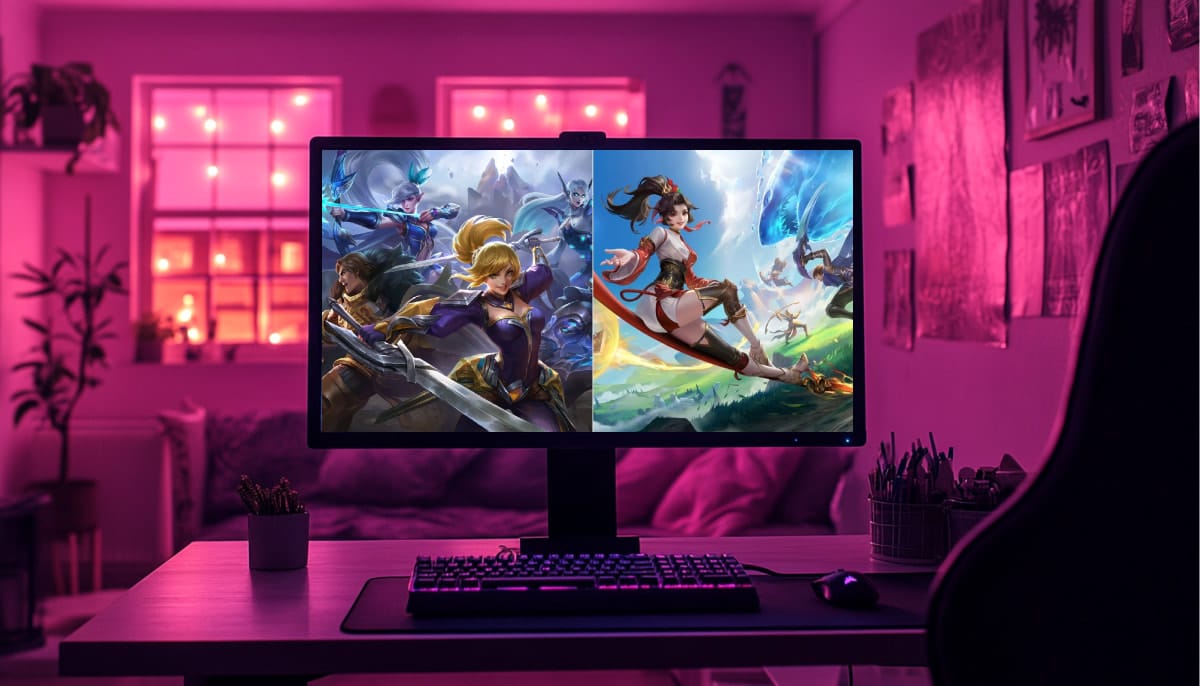 A gaming setup in a room with pink lighting shows a large monitor displaying MLBB and Honor of Kings