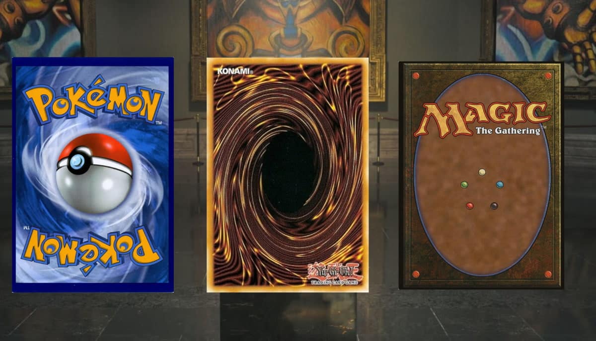 Three trading card backs are displayed in a dimly lit museum. From left to right: Pokémon with a Pokéball, Yu-Gi-Oh! with a swirl, and Magic: The Gathering with colored circles