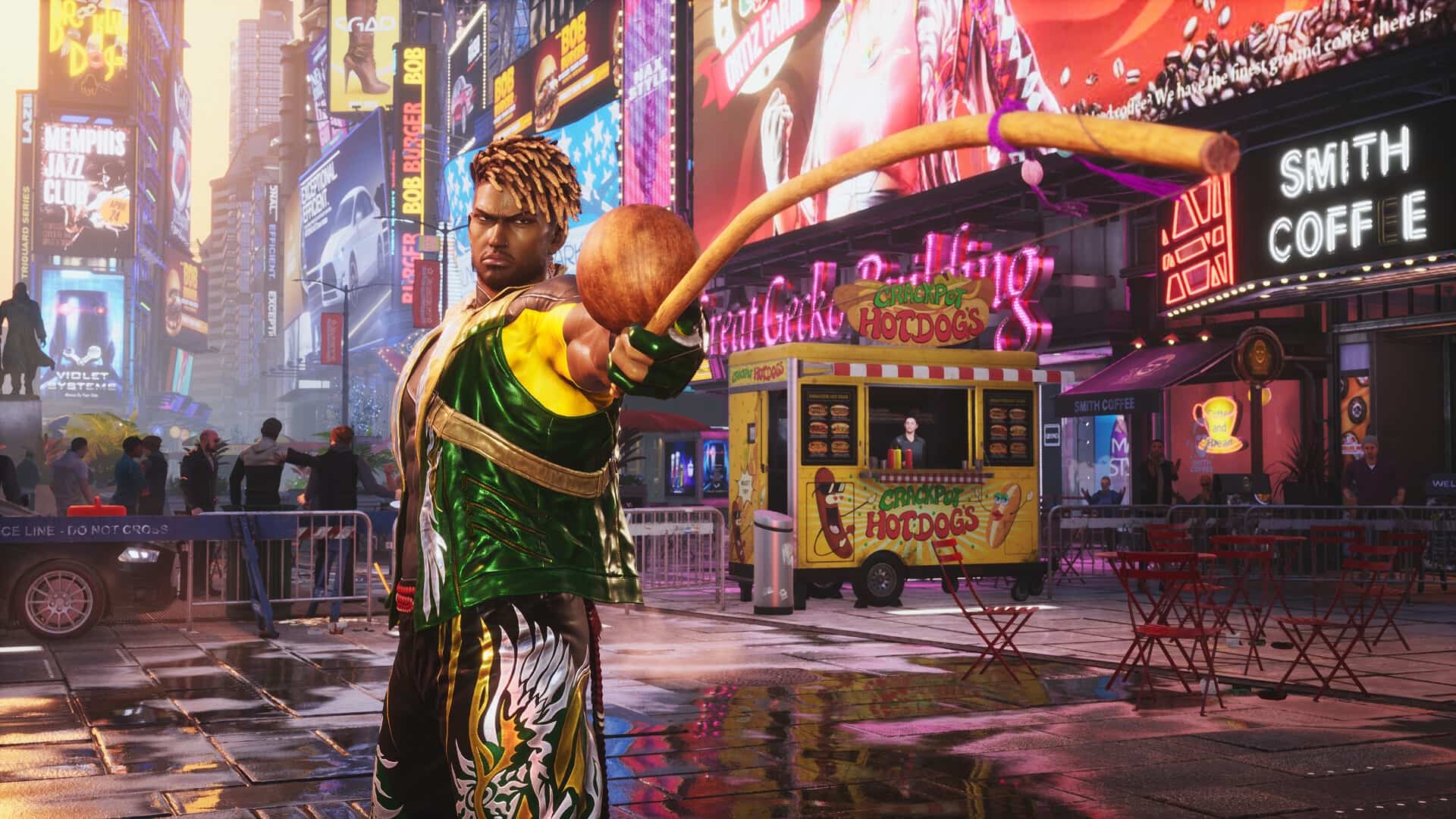 Eddy Gordo from Tekken 8 holds a long stick in a lively, neon-lit street
