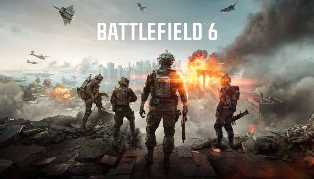 Four soldiers stand on a rubble-strewn battlefield, overlooking a city in chaos with explosions and fighter jets above, promoting Battlefield 6.