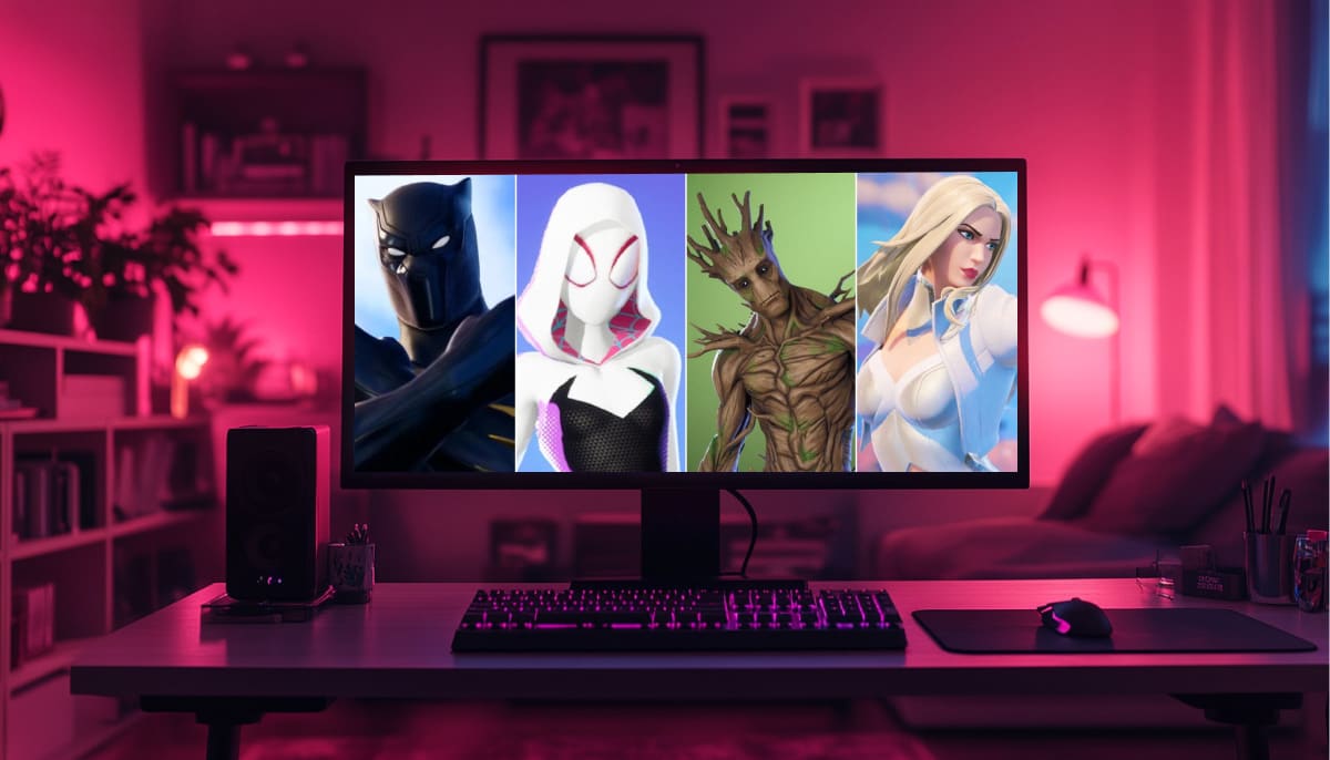 A gaming desktop in a cozy pink-lit room displays four Marvel superhero characters on the screen. The atmosphere is modern and tech-savvy