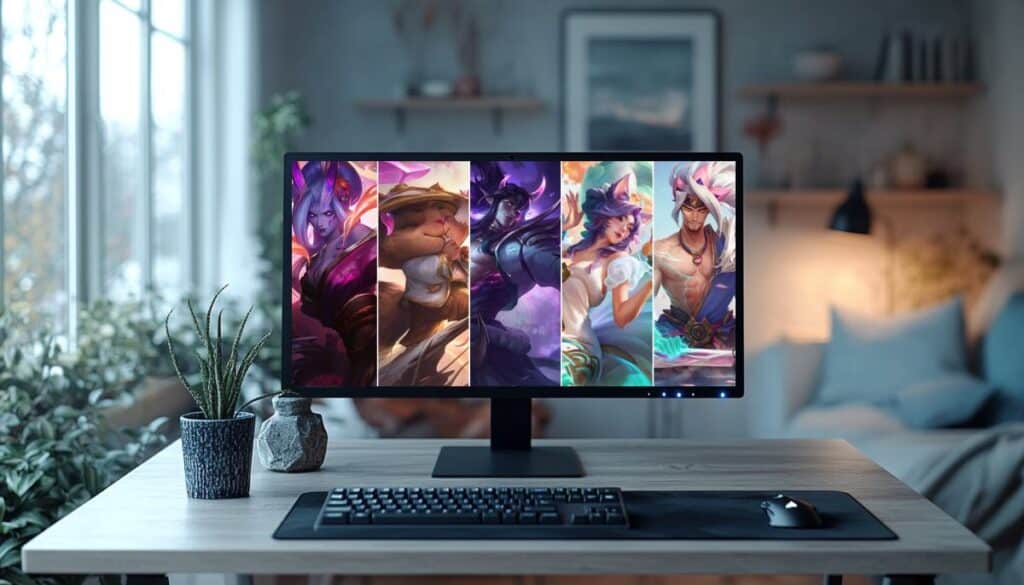 A computer monitor displays vibrant League of Legends characters artwork, with a keyboard and mouse on a wooden desk surrounded by indoor plants.