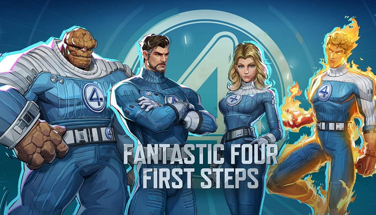 Four superhero figures in blue uniforms stand confidently against a circular logo backdrop. Text reads "Fantastic Four First Steps."