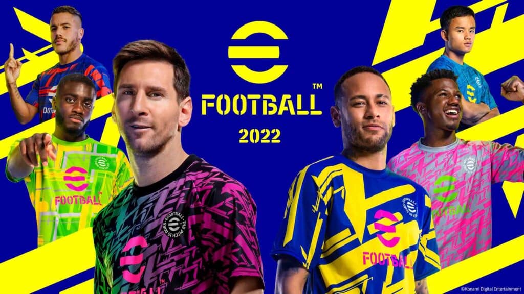 Five soccer players in vibrant shirts are shown against a bold blue and yellow background, promoting "eFootball 2022." They display confident and excited expressions.
