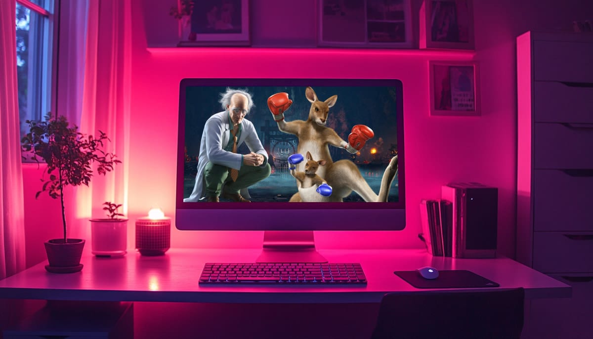 A desktop with a glowing pink light displays Tekken characters