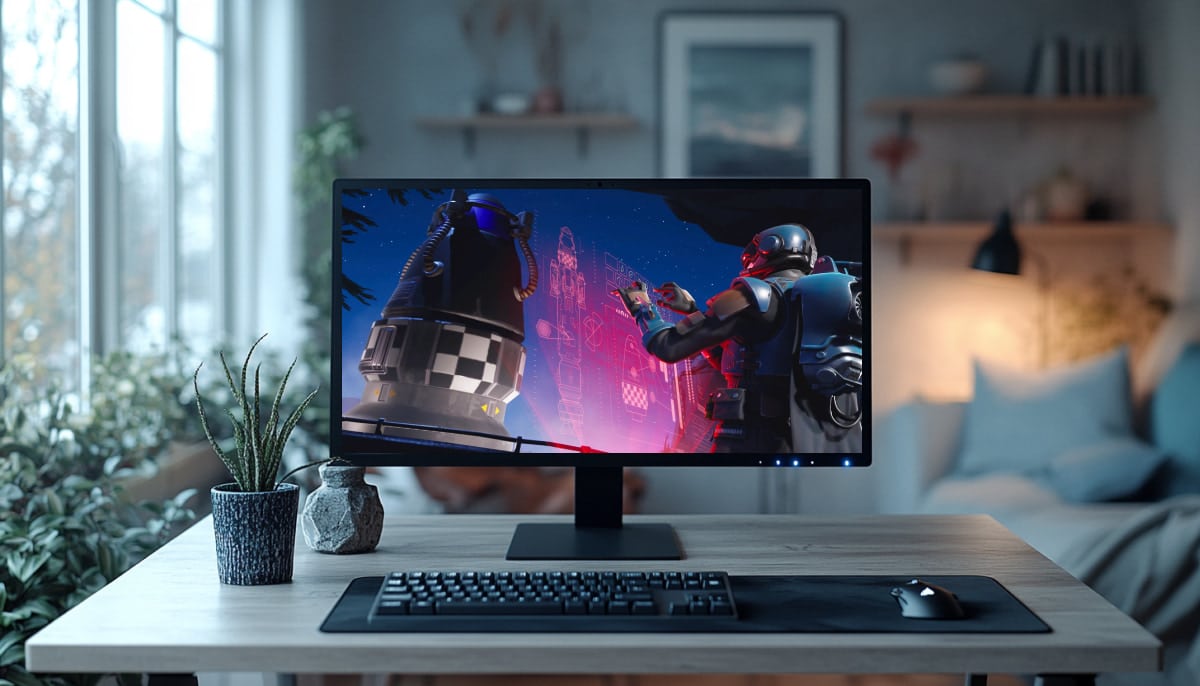 A computer monitor on a desk displays a Fortnite game, showing armored figures and holographic graphics