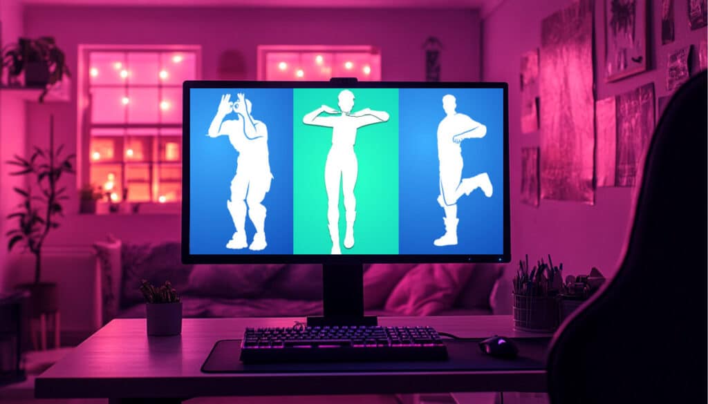 Computer screen shows three white silhouettes of dancing people in Fortnite game