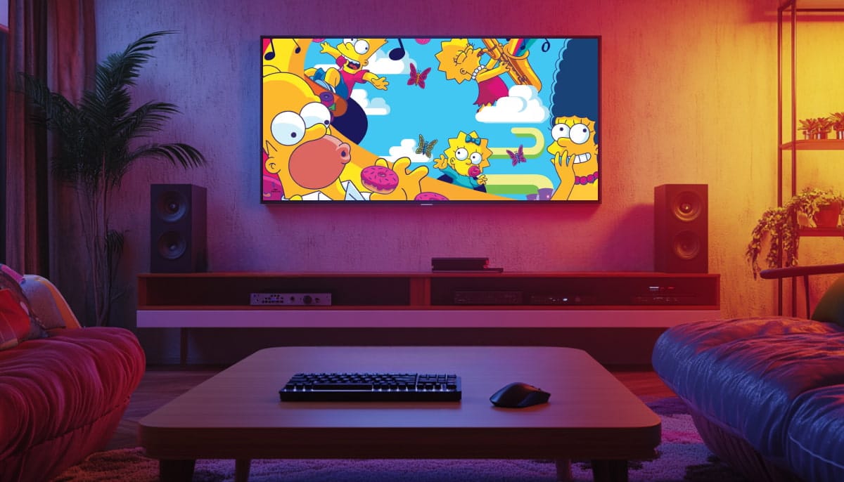 A vibrant living room with dim lighting features a TV showing the Simpsons