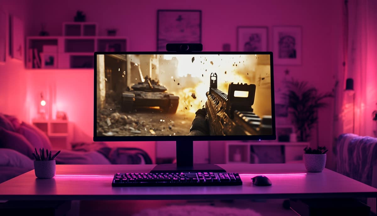 A gaming setup in a pink-lit room, featuring a monitor showing Battlefield game with a tank