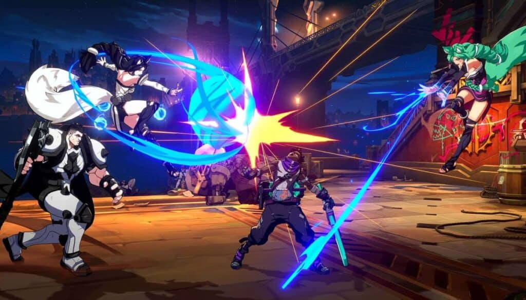 Dynamic 2XKO battle scene with multiple League of Legends characters exchanging glowing sword and energy attacks on a nighttime city dock stage