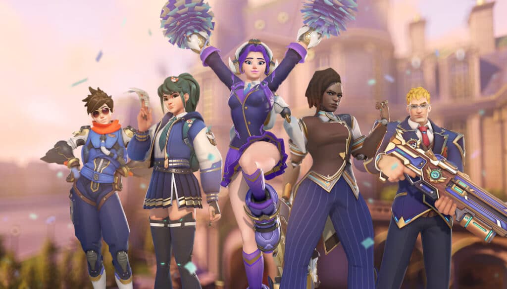Five stylized Overwatch characters pose confidently in school-themed attire. They stand in front of a grand building with a warm, celebratory atmosphere.