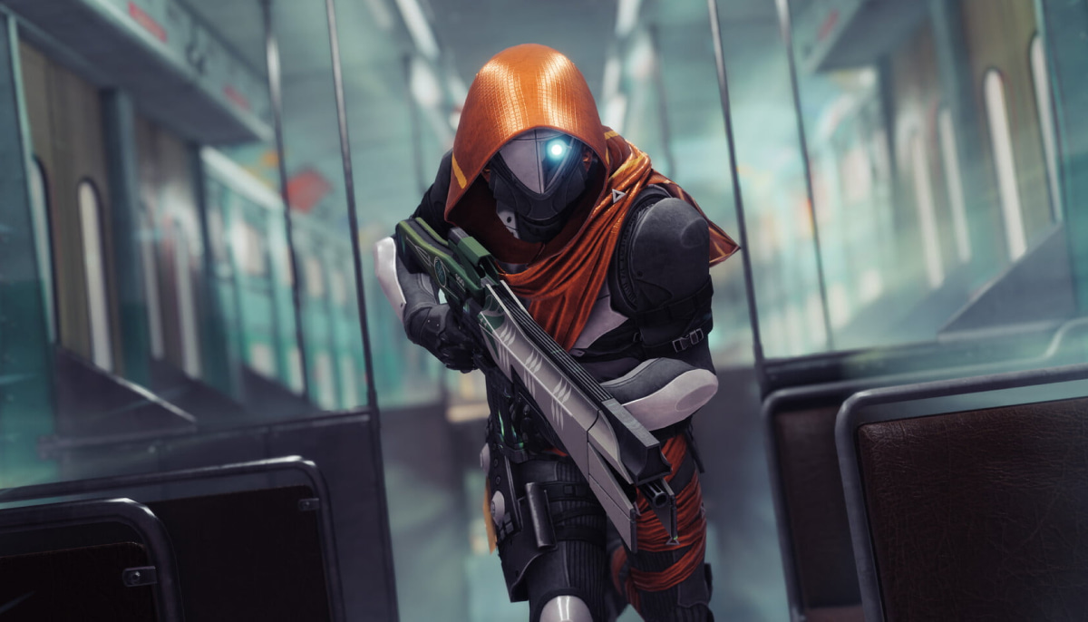 A character from Destiny 2 holds a rifle, standing alert in an empty subway car