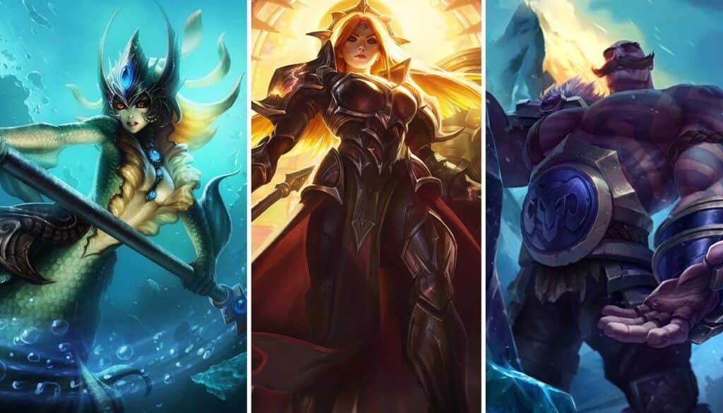 League of Legends support champions Nami, Leona, and Braum