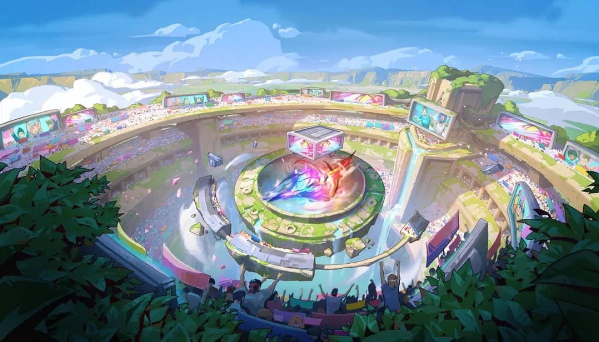 A vibrant, futuristic Arena of League of Legends filled with spectators surrounds a glowing, colorful central platform. Screens display action