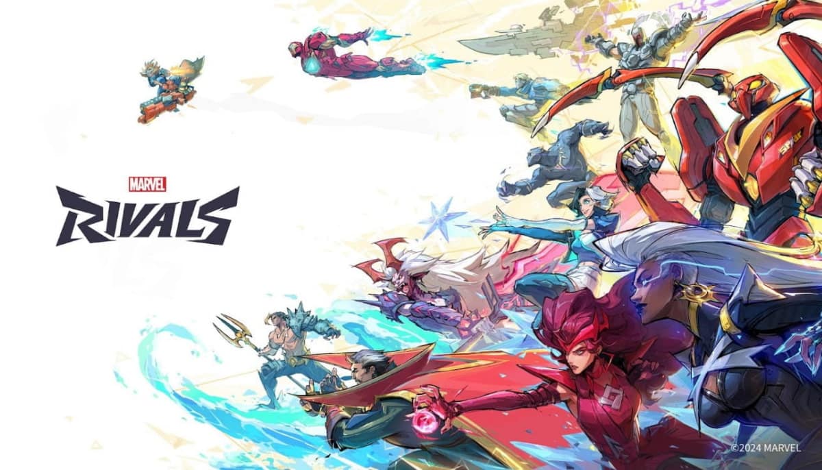 Colorful Marvel Rivals illustration featuring various superheroes and villains in dynamic action poses, conveying excitement and motion