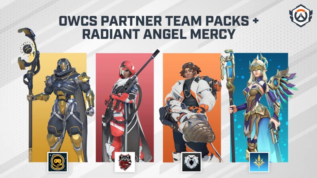 WCS partner team skin packs, including SpaceStation Gaming Ramattra, Crazy raccoon Ana, Virtus.pro Venture, and Radiant Angel Mercy