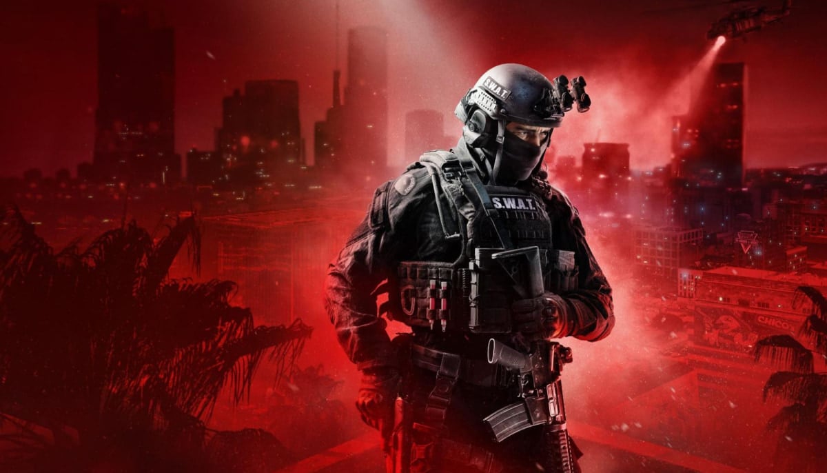 SWAT officer from Ready or Not video game in tactical gear stands vigilant against a dramatic red cityscape, helicopter spotlight in distance, evoking tension and readiness