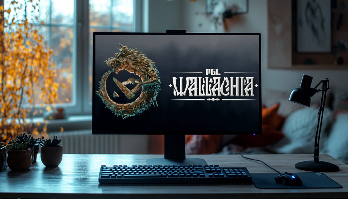 A computer monitor displays the PGL Valachia logo, featuring a dragon and gaming symbols, set in a cozy room with plants