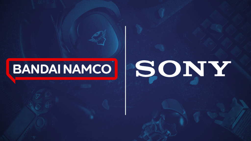 Sony and Bandai Namco logos in announced partnership with gaming gear in the background