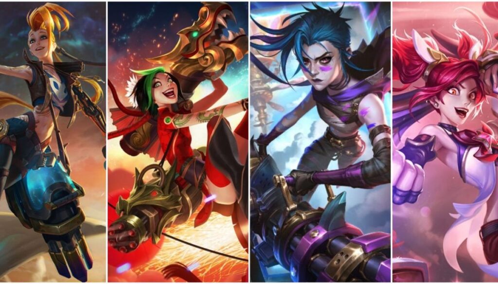 A dynamic collage of four Jinx's skins from League of Legends, each wielding unique weapons. The background is colorful and action-packed, conveying excitement.