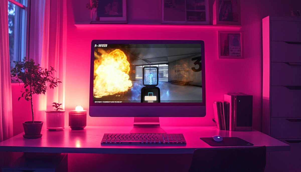 A computer on a desktop with a neon pink glow. The screen shows The Finals video game scene with an explosion