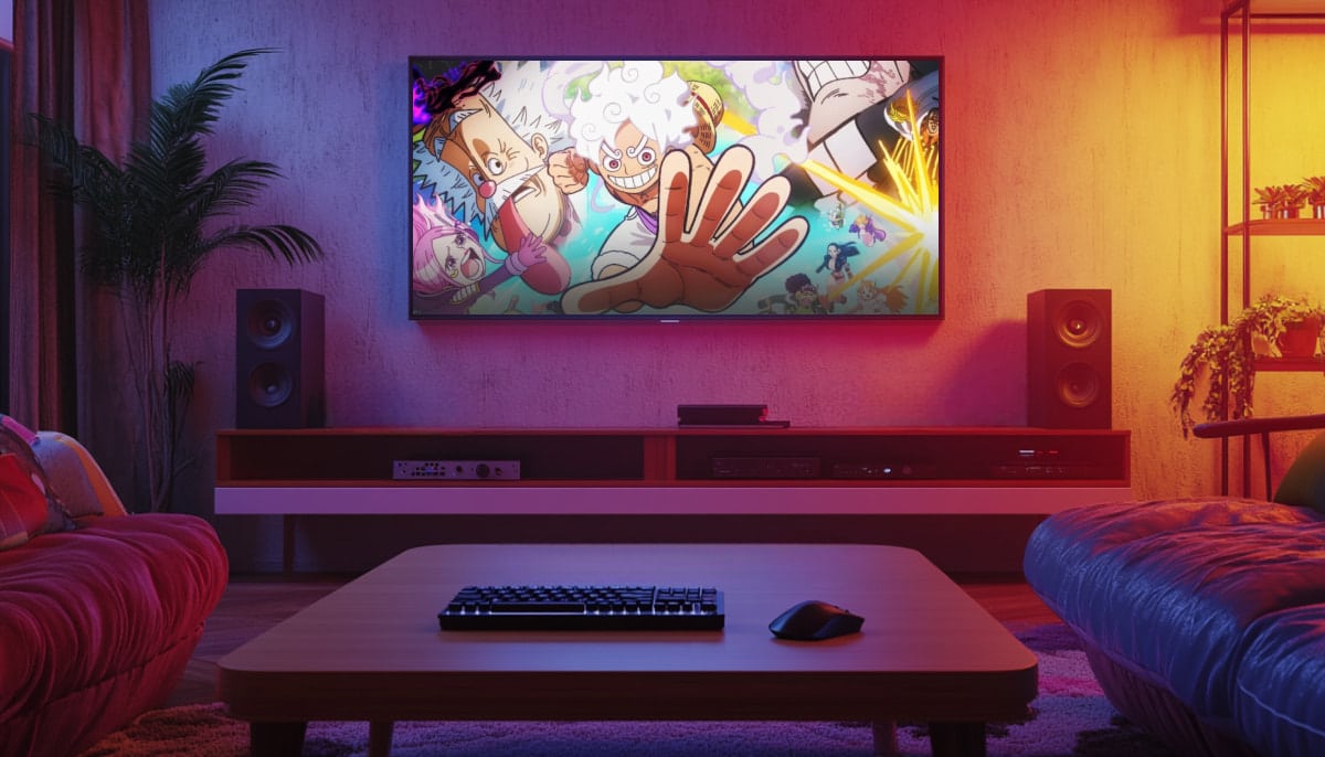 Large TV displaying Gear 5 Luffy and other characters from One Piece