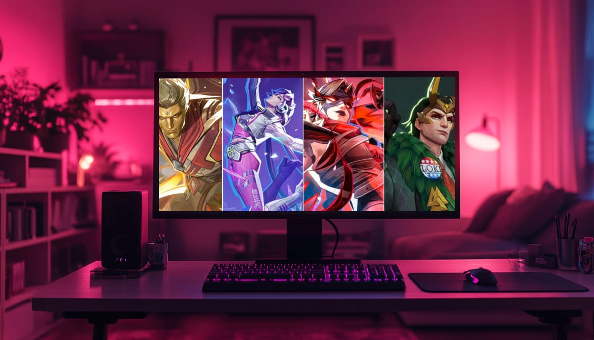 A computer monitor on a desk displays vibrant Marvel characters in colorful outfits