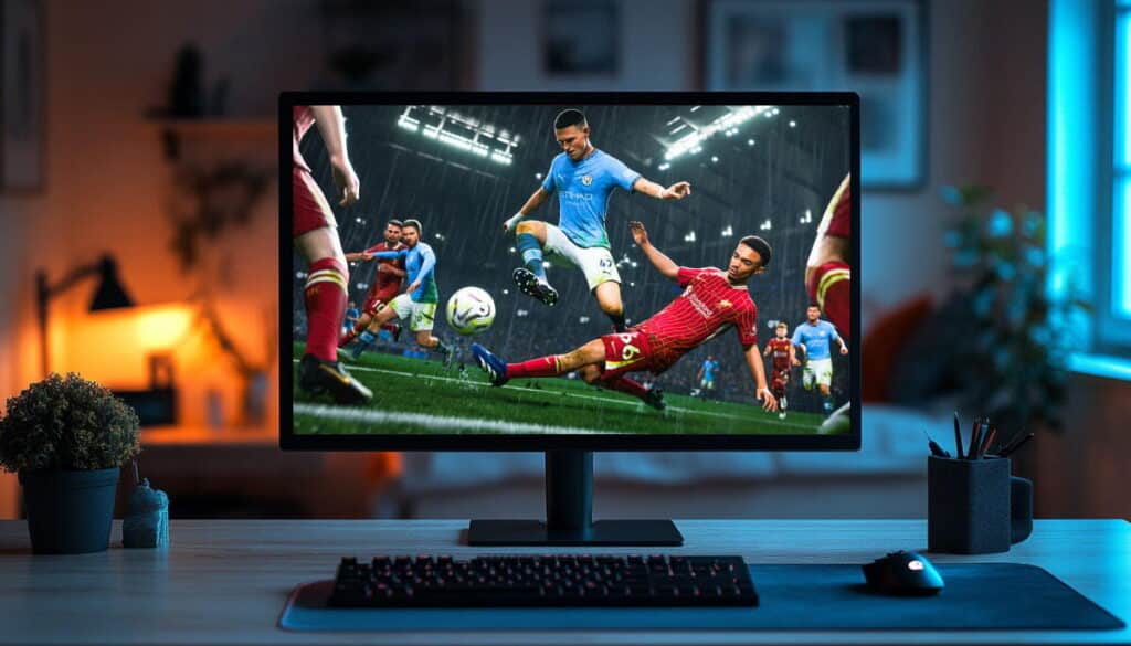 EA FC gameplay on a PC monitor showing an in-game football match