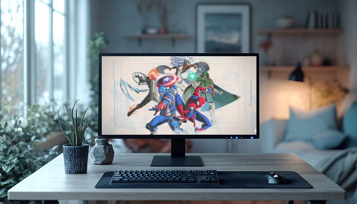 A gaming setup with Marvel superheroes on the screen