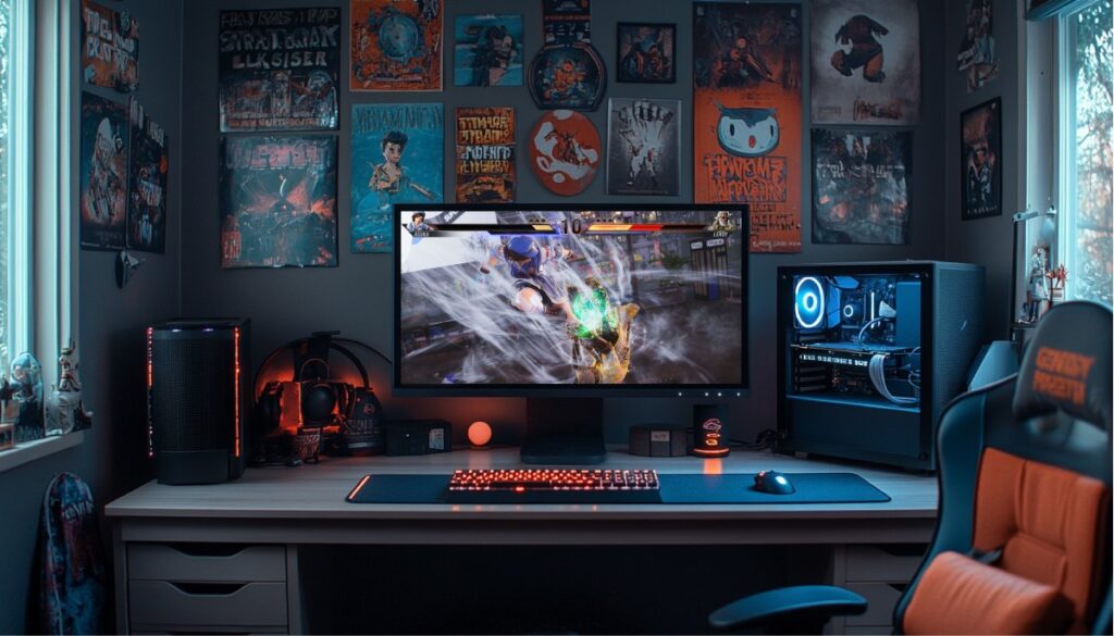 A gaming setup featuring a PC, monitor displaying Tekken 8 game, keyboard, mouse, and vibrant wall art of gaming posters.