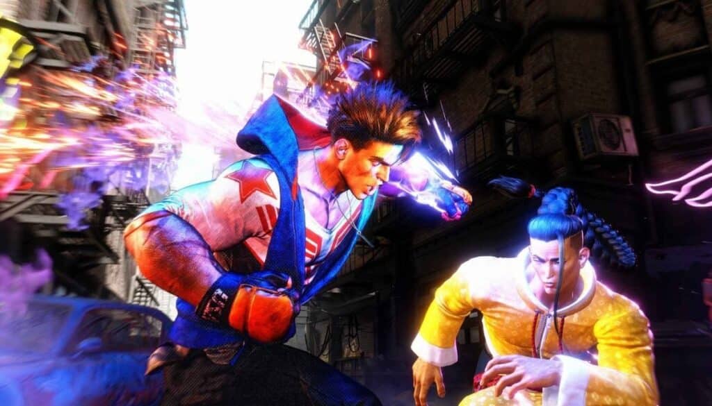 A dynamic street fighter 6 scene with two characters in colorful outfits, surrounded by vibrant energy effects and urban background.
