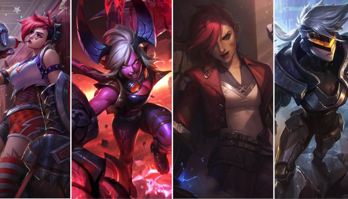 A collage of Vi skins from League of Legends. Each skin has distinct features and armor, set against vibrant backgrounds evoking action and strength