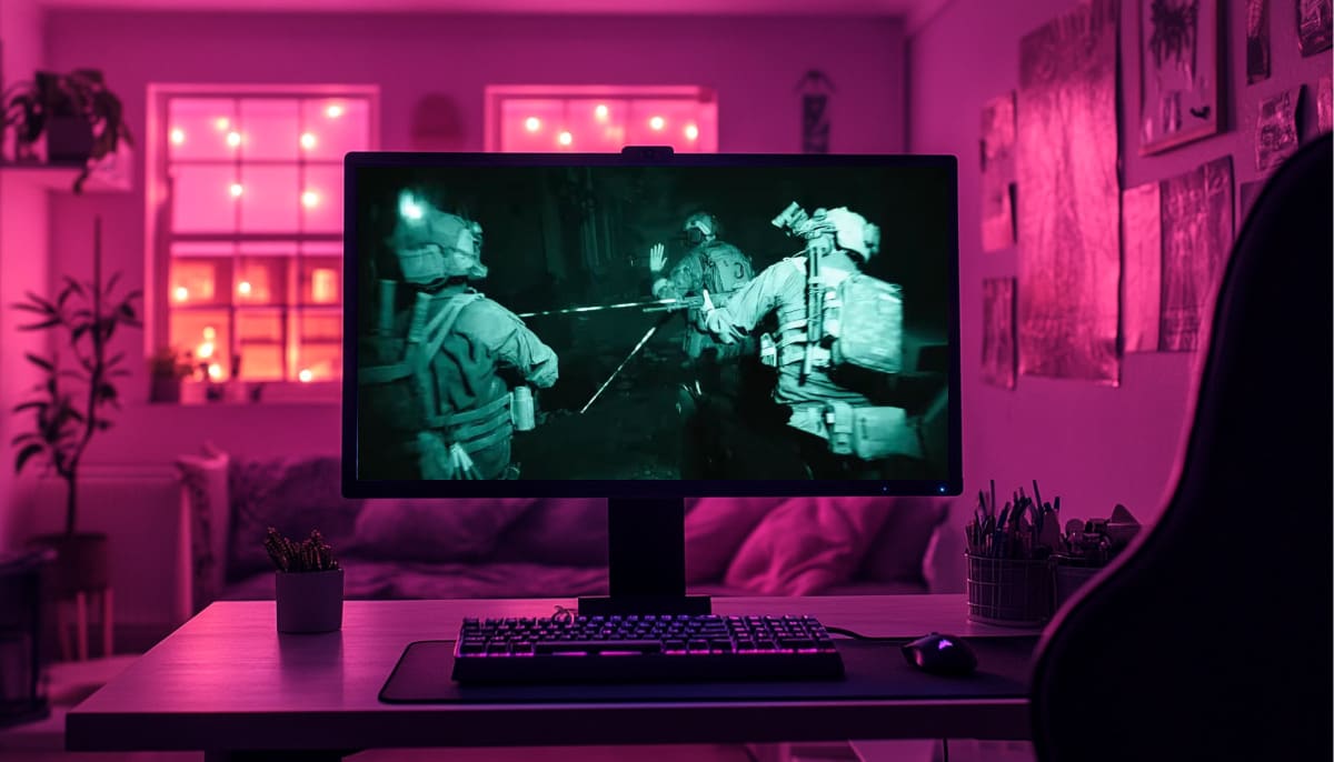 A computer monitor displays a night vision scene of soldiers in Battlefield 6
