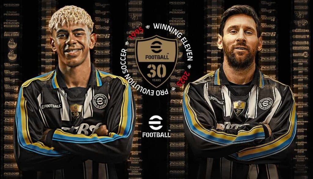 Two football players in black jerseys with blue and yellow accents stand confidently, celebrating 30 years of eFootball and Winning Eleven.