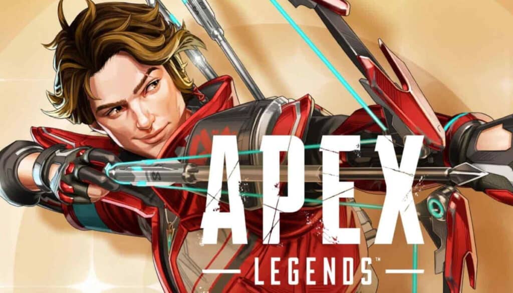 A dynamic character in a red and black outfit aims a futuristic bow, with the "APEX LEGENDS" logo prominently displayed below.