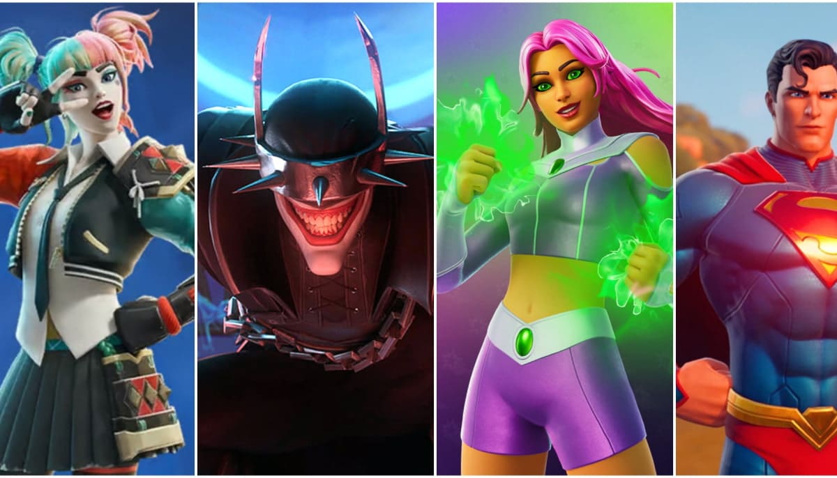 Four DC characters are showcased: Harley Quinn, The Batman Who Laughs, Starfire and Superman