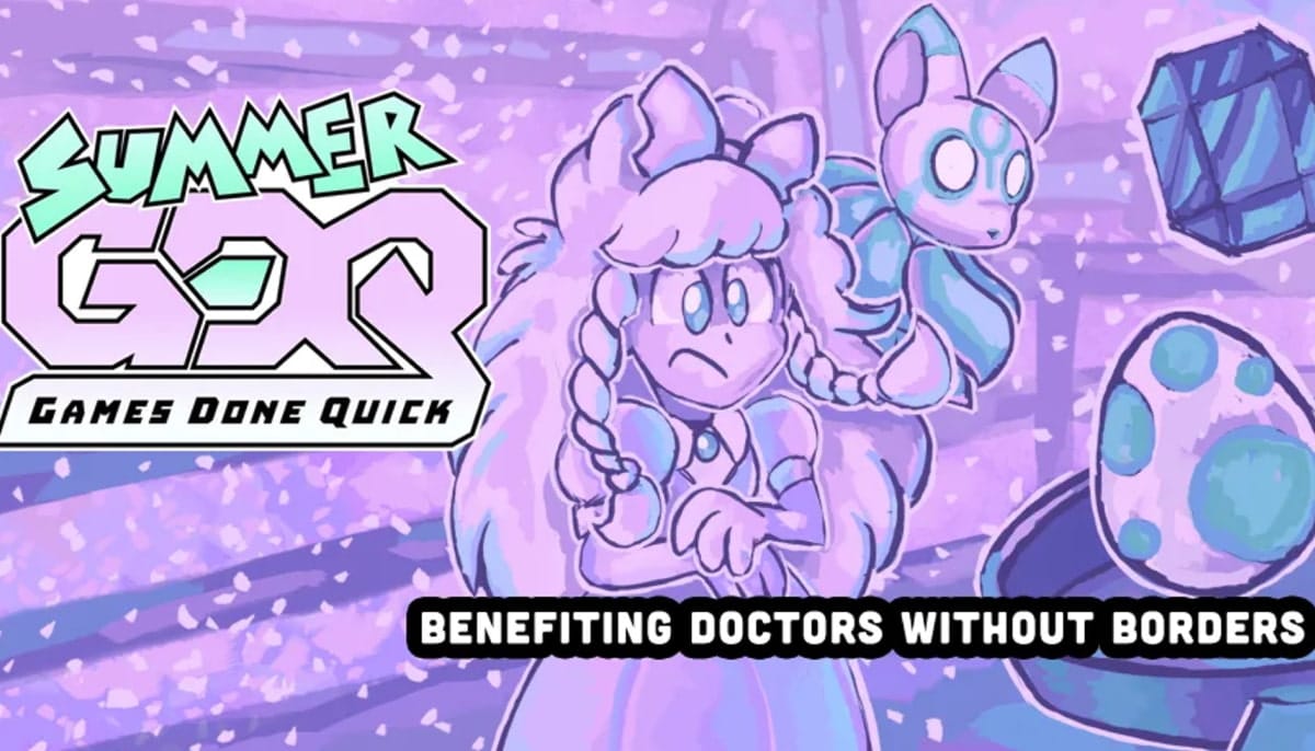 Illustrated scene from "Summer Games Done Quick." Features a whimsical character with long hair and braids, looking concerned, accompanied by a floating creature