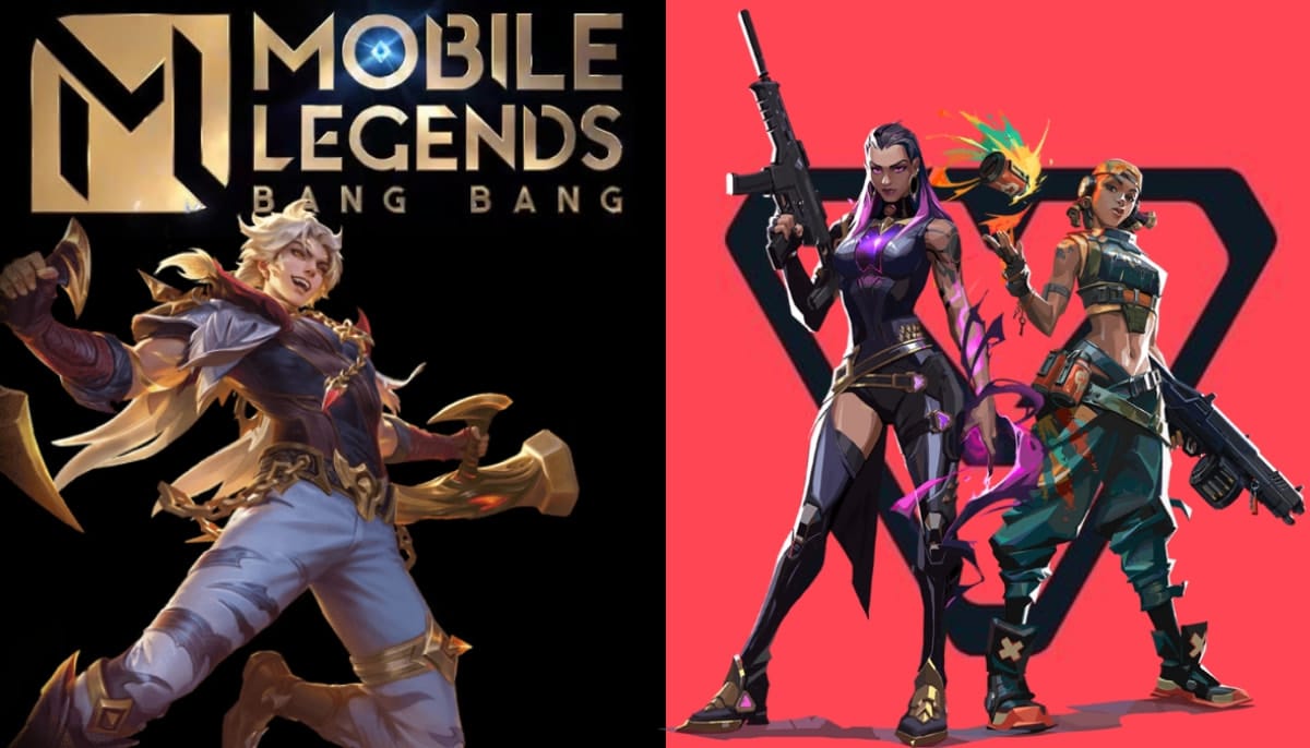 Two-part image; left: Mobile Legends Bang Bang logo with a dynamic, armored character; right: two futuristic female warriors of VALORANT with weapons